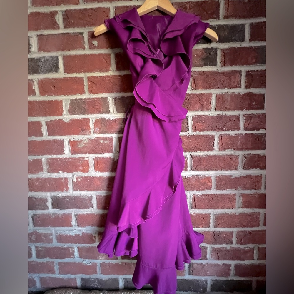 Bright purplish pink ruffled wrap dress